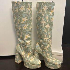 Larroudé Biba Tall Knee High Floral Hippy Disco Boots in Tea Flower Green